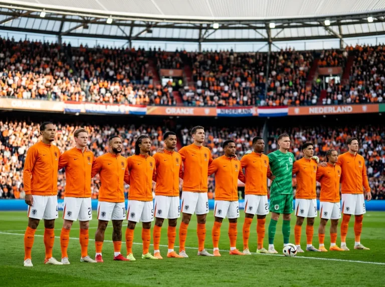 Alankomaiden maajoukkueen pelaajia oranssissa paidoissa kentällä ennen ottelua