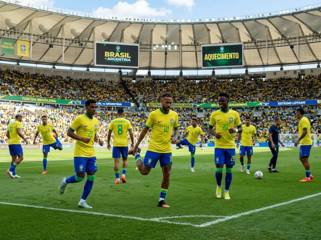 Brasilian maajoukkueen pelaajia keltaisissa paidoissa lämmittelemässä ennen ottelua