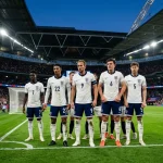 Englannin maajoukkueen pelaajia valkoisissa paidoissa odottamassa kulmapotkua ottelussa