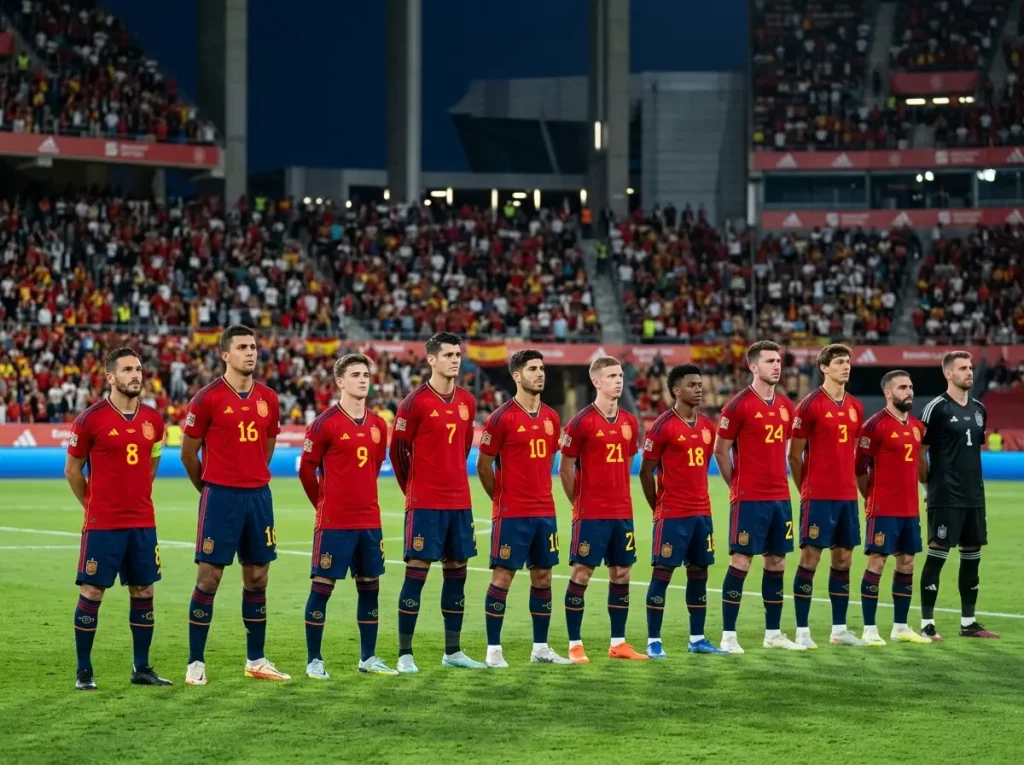 Espanjan maajoukkue punaisissa paidoissa kentällä valmiina ottelun aloitukseen
