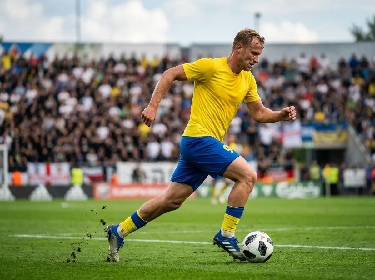 Keltapaitainen hyökkääjä pallon kanssa jalkapallokentällä ottelussa