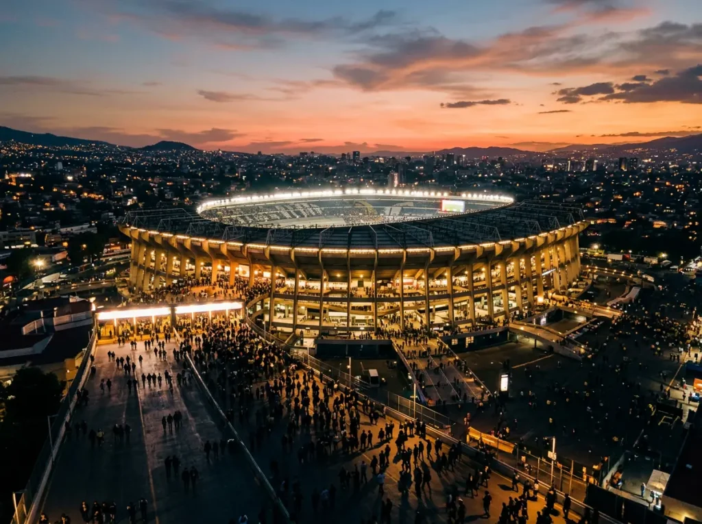 Estadio Azteca valaistuna MM-kisojen avausotteluun Meksikossa