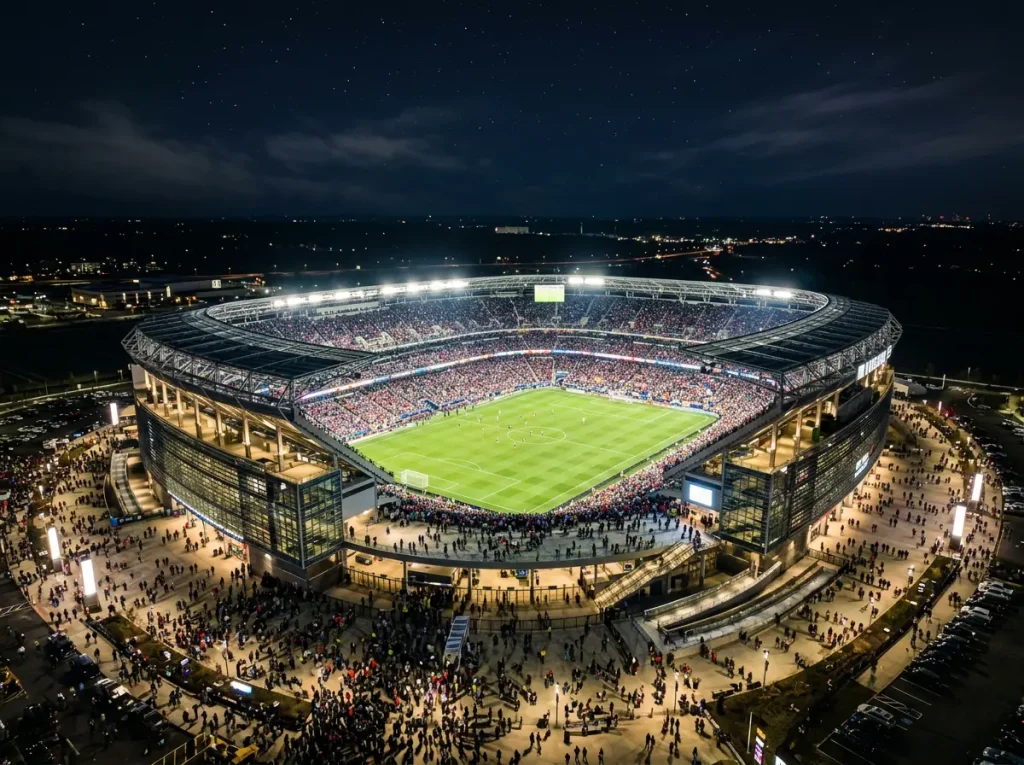 MetLife Stadium New Jerseyssä MM-kisojen finaalin valaistuksessa