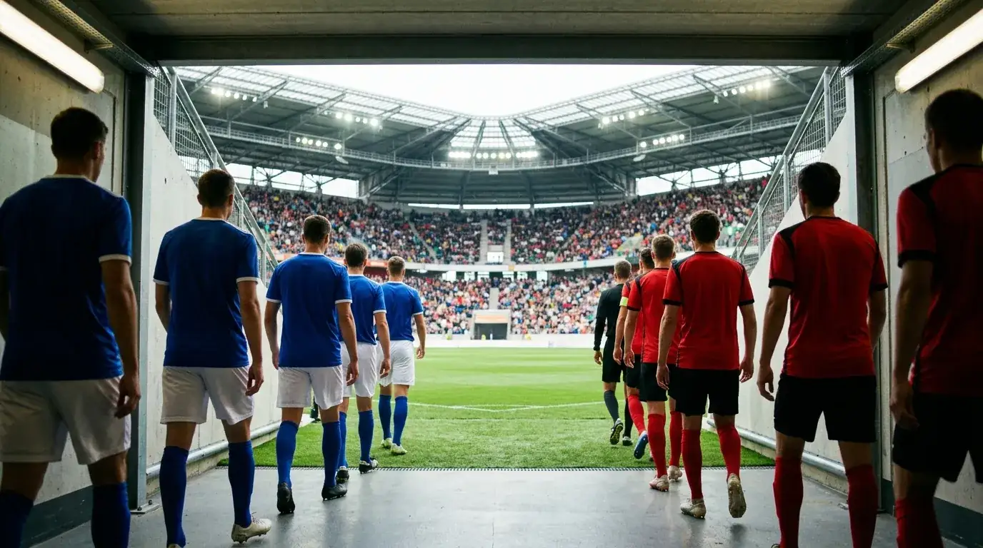 Kaksi jalkapallojoukkuetta kävelee kentälle rinnakkain suuressa stadionissa ennen ottelua