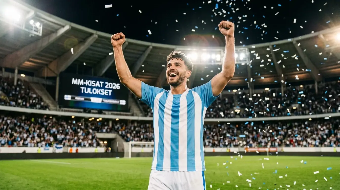 Argentiinan pelaaja juhlii maalia täydellä jalkapallostadionilla illalla