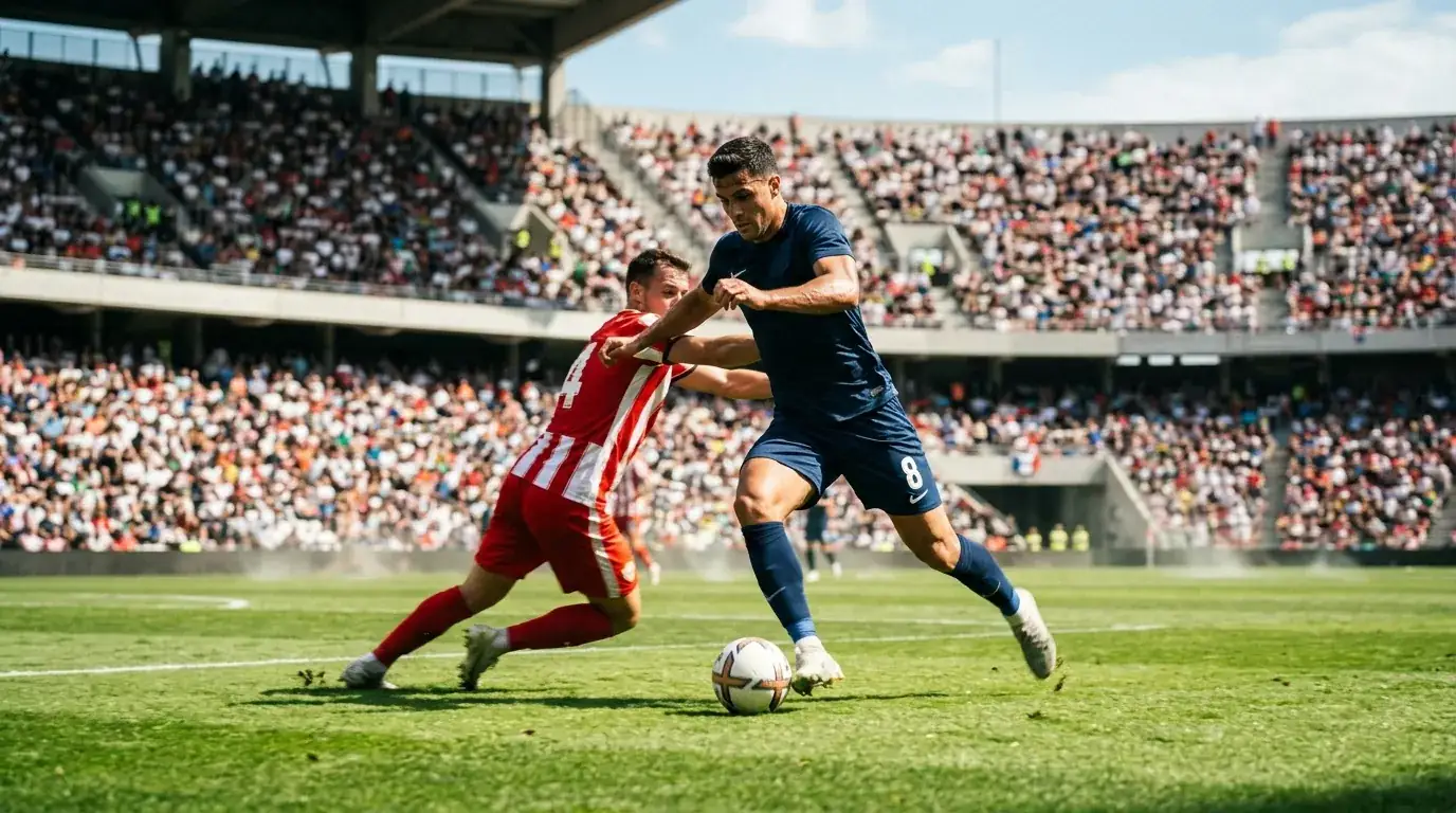 Jalkapalloilija sinisessä peliasussa kuljettaa palloa stadionilla, vastustaja lähestyy