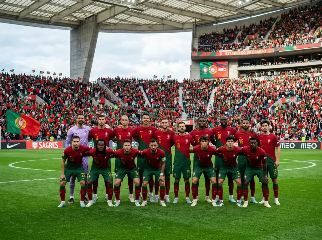 Portugalin maajoukkueen pelaajia punaisissa paidoissa ryhmäkuvassa kentällä
