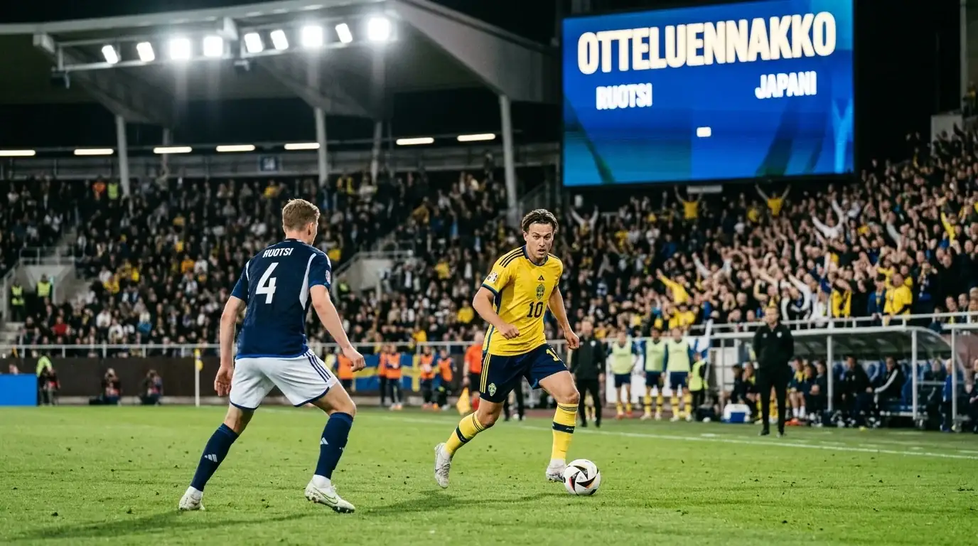 Keltapaitainen jalkapallojoukkue kentällä ottelun aikana täydellä stadionilla