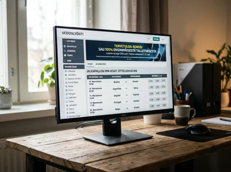 Tietokoneen näyttö, jolla on vedonlyöntisivuston bonusilmoitus ja kisojen ottelutaulukko