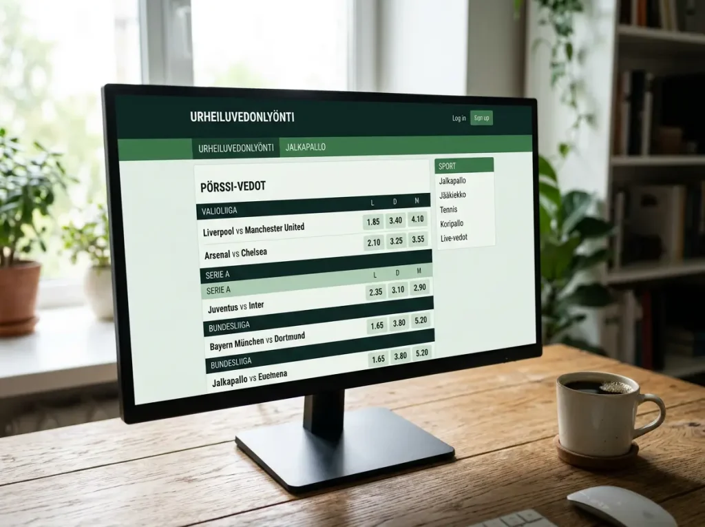 Tietokoneen näyttö, jolla on vedonlyöntisivuston etusivu ja jalkapallon kertoimia